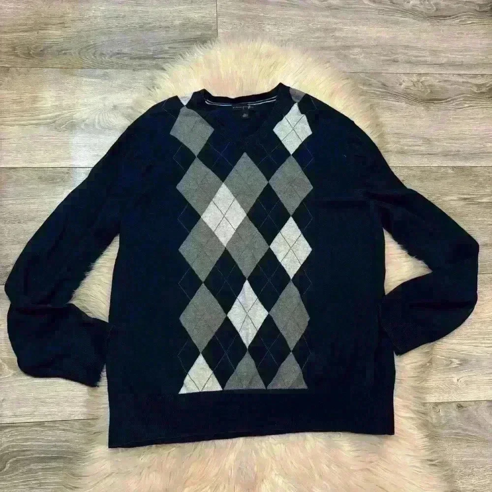 Mens Banana Republic Navy Blue Gray Argyle 100% Merino Wool Sweater Medium